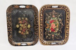 Two old japanned metal trays, rectangular but with integral handles and having painted floral
