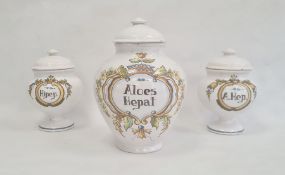 Italian maiolica large drug jar inscribed 'Aloes Hepat' and another pair of pedestal inscribed '