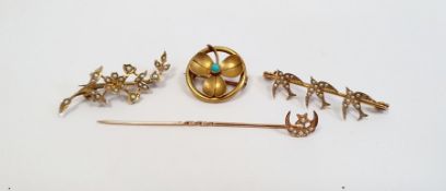 Gold and seed pearl spray brooch, marked 9ct, a gold and seed pearl swallow brooch, marked 9ct.,
