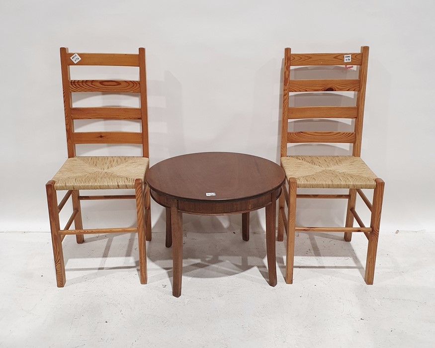 20th century mahogany circular coffee table and two pine ladderback chairs (3)