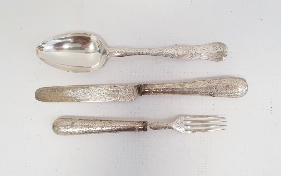 Victorian child's knife, fork and spoon set, engraved detail, initialled, Sheffield 1874, maker