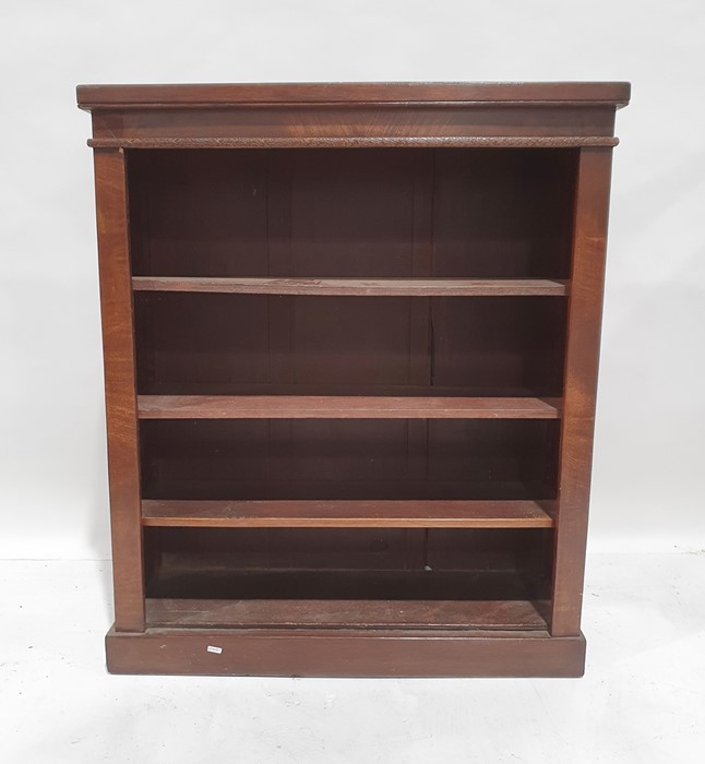 Mahogany open bookcase, the rectangular top above adjustable shelving, on plinth base, 89.5cm x