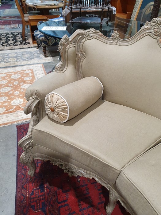 Modern French-style beige painted and upholstered curved three-seat sofa and cushions Condition - Image 5 of 24