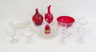 19 pieces of glass to including cranberry coloured vase 20cm high and bowl 22cm diameter, wine