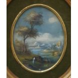 British School - 20th century Pair of oils on board Landscape scenes, oval, 9.5 x 7.5cm, signed with