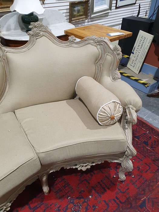 Modern French-style beige painted and upholstered curved three-seat sofa and cushions Condition - Image 8 of 24