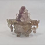 Chinese carved hardstone koro and cover, finely carved with dragon handles and finial, 15cm high