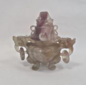 Chinese carved hardstone koro and cover, finely carved with dragon handles and finial, 15cm high