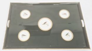 Green and gilt painted two handled wooden tray inset with five fishing flies under the glass base,