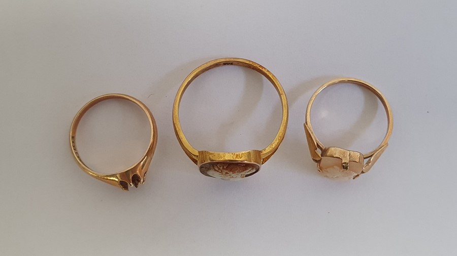 Gold ring, set with an oval shell cameo of a lady, marked 9ct, finger size X, and another gold cameo - Image 2 of 6