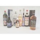 Selection of spirits and liqueurs comprising  a Club Havana Rum, Smirnoff 100 proof, one litre Black