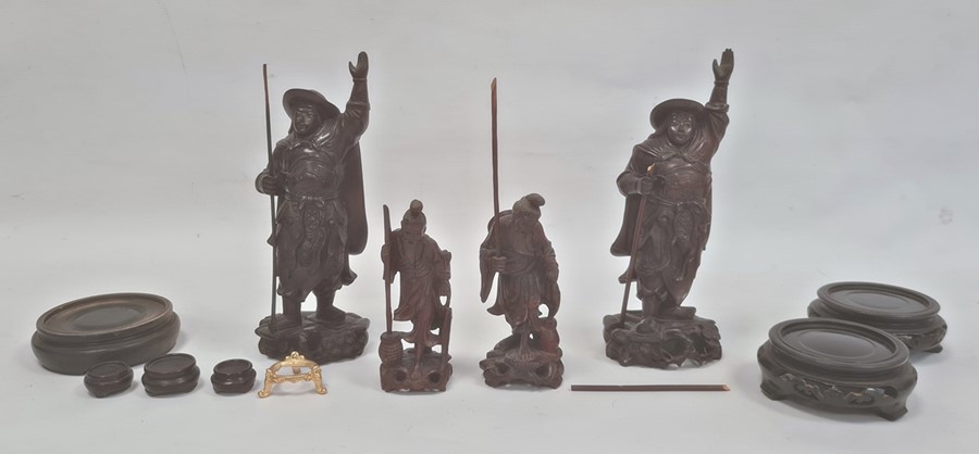 Two various pairs of Japanese carved hardwood figures, the tallest 21cm and a small quantity of