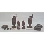 Two various pairs of Japanese carved hardwood figures, the tallest 21cm and a small quantity of