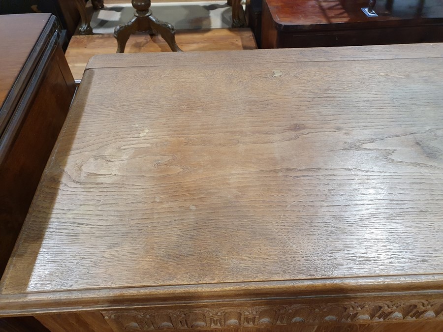 20th century oak coffer, rectangular top with moulded edge, three panels to the front, shaped - Image 9 of 24