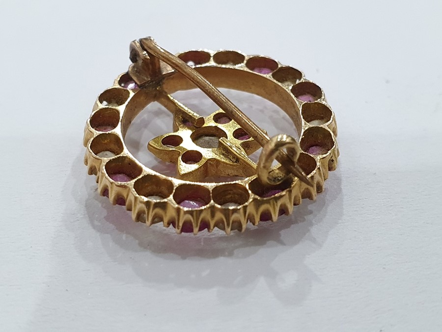 Probably Indian gold-coloured brooch of circular form with a central flower detail, set with - Image 6 of 13