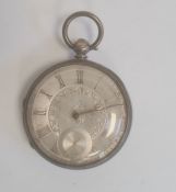 Silver open-faced pocket watch, the silver dial with Roman numerals and subsidiary seconds dial