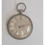 Silver open-faced pocket watch, the silver dial with Roman numerals and subsidiary seconds dial