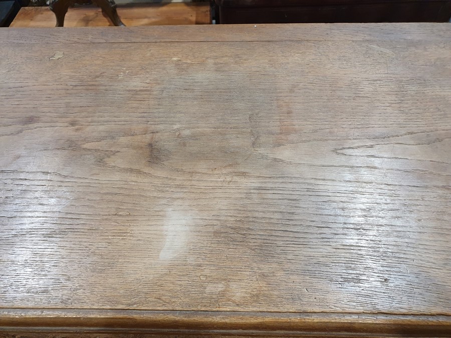 20th century oak coffer, rectangular top with moulded edge, three panels to the front, shaped - Image 10 of 24