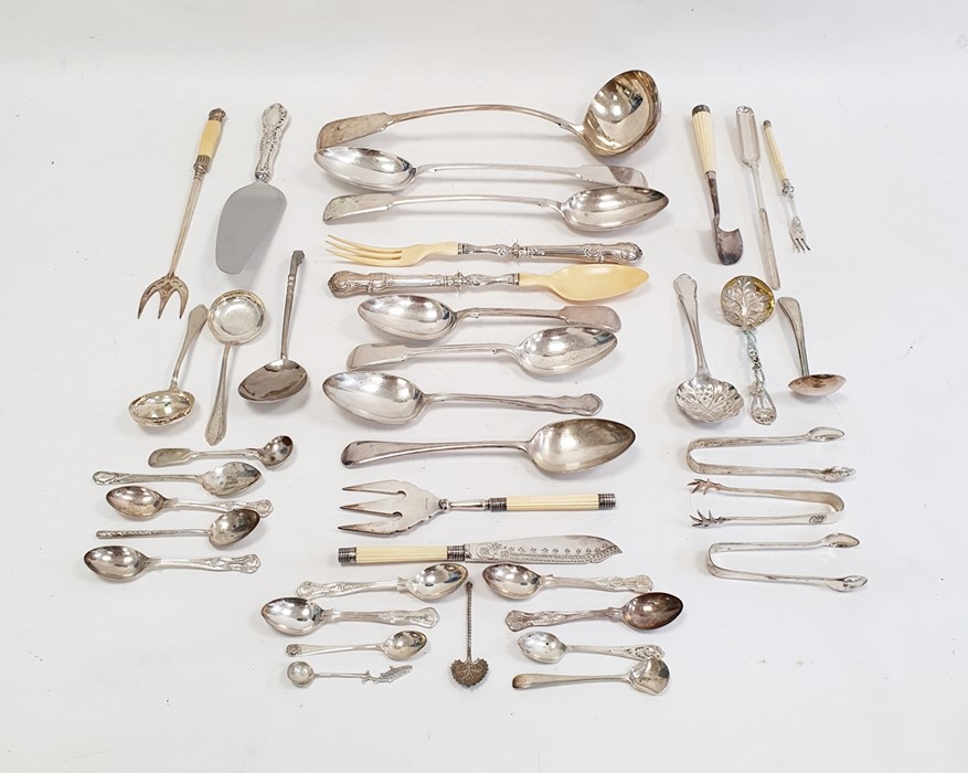 Pair of silver sugar tongs, various other silver teaspoons, a continental 800 standard ladle and - Image 2 of 4