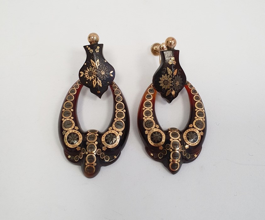 Pair of 19th century tortoiseshell and pique work drop earrings, each with a suspended hoop with