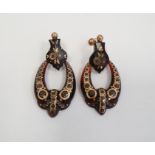 Pair of 19th century tortoiseshell and pique work drop earrings, each with a suspended hoop with