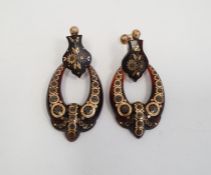 Pair of 19th century tortoiseshell and pique work drop earrings, each with a suspended hoop with