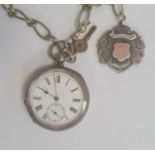 Silver open-faced pocket watch, the enamel dial with Roman numerals and subsidiary seconds dial, the