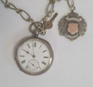 Silver open-faced pocket watch, the enamel dial with Roman numerals and subsidiary seconds dial, the