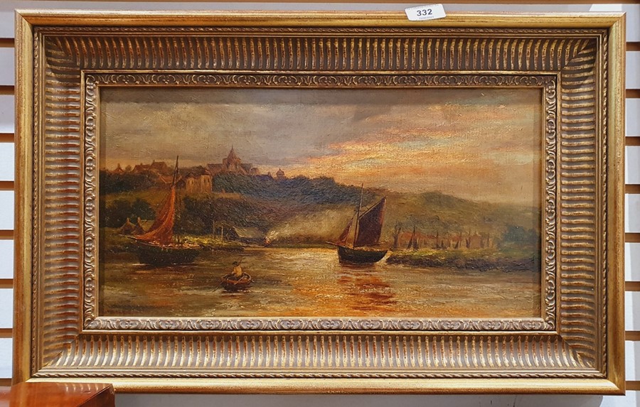 British school (late 19th/early 20th century) Oil on canvas  Boats on a lake with town beyond, - Image 2 of 2