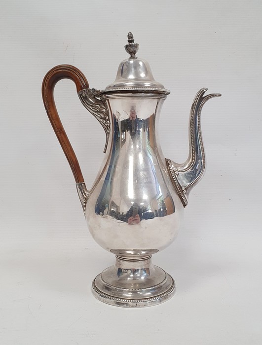 A silver plated coffee pot, wooden handle on a circular base, unmarked, etched V EL to base, 29cm - Image 2 of 4