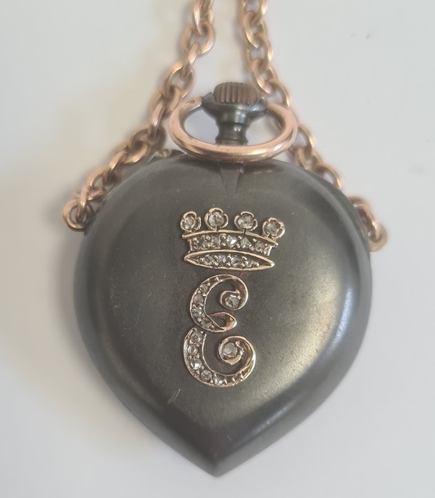 LOT WITHDRAWN Antique steel gold-coloured metal and diamond fob watch, heart-shaped, button winding, - Image 2 of 2