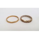 22ct gold wedding ring, narrow and worn, approx. 2g and  a 9ct gold ring set tiny diamonds (two