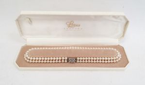 Lotus simulated pearl necklace, two rows of simulated pearls with white metal clasp, fitted box