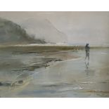 British School - 20th century Acrylic on canvas board Coastal scene with figure, 18 x 22cm