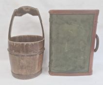 Leather bound canvas case and an old wooden pail with iron mounts (2)