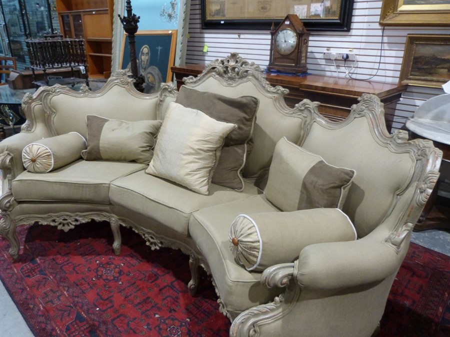 Modern French-style beige painted and upholstered curved three-seat sofa and cushions Condition - Image 3 of 24