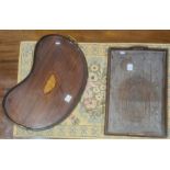 Kidney shaped mahogany tray with shell decoration, galleried border and brass coloured handles