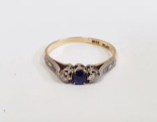 18ct gold, sapphire and diamond ring, stones platinum set, single facet-cut sapphire flanked by pair