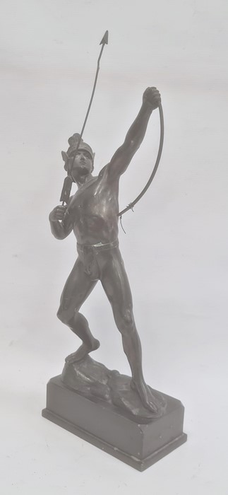 Spelter model of an archer, standing on rocky base and the rectangular plinth, 18cm high overall