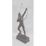 Spelter model of an archer, standing on rocky base and the rectangular plinth, 18cm high overall