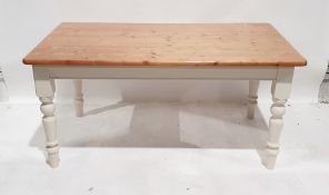 20th century pine-topped kitchen table, the rectangular top with rounded corners, on white painted