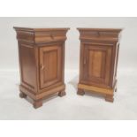 Modern cherrywood pair of bedside chests with single drawers above cupboard doors, to shaped feet (