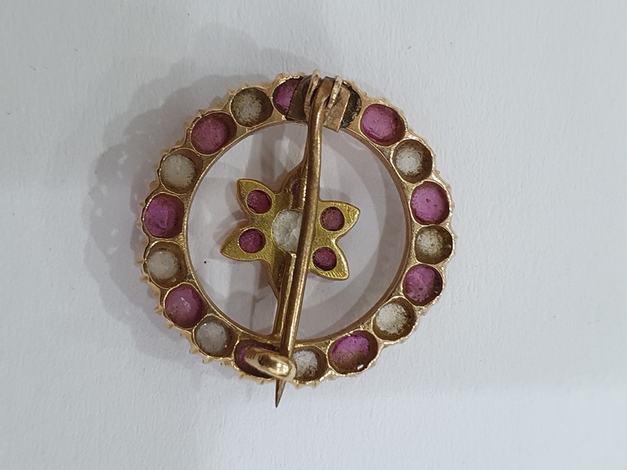 Probably Indian gold-coloured brooch of circular form with a central flower detail, set with - Image 4 of 13