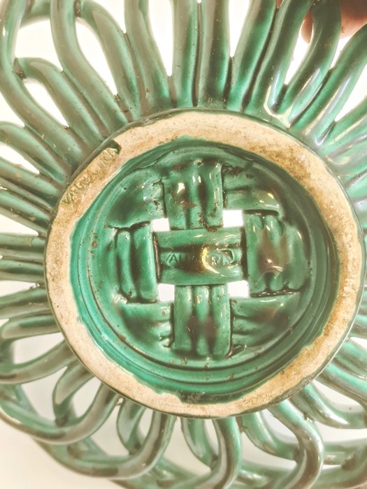 Incised stoneware vase with metal mounts, probably Doulton stoneware, a green pottery pierced basket - Image 3 of 6