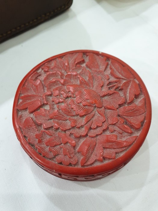 Small cinnabar lacquer box and cover, circular, carved green hardstone model bird, sundry Russian - Image 5 of 6