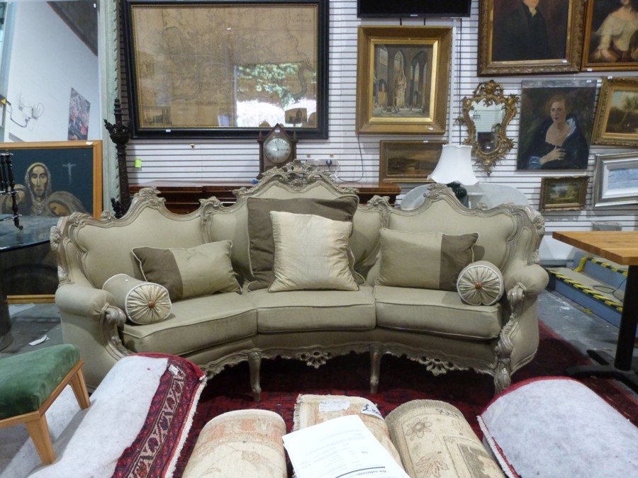 Modern French-style beige painted and upholstered curved three-seat sofa and cushions Condition - Image 2 of 24