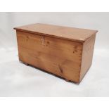 19th century pine trunk, the rectangular top opening to reveal candle box, the whole raised on baton