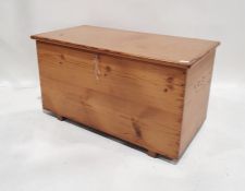 19th century pine trunk, the rectangular top opening to reveal candle box, the whole raised on baton