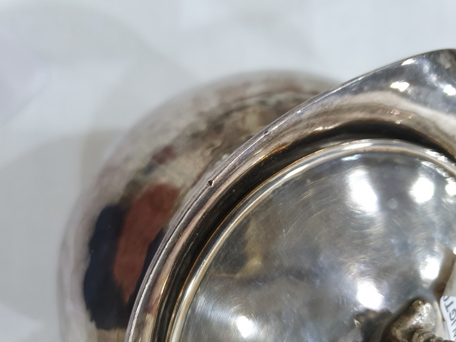 Silver covered jug by A E Jones, London 1911 of circular form with hammered finish, the hinged cover - Image 12 of 12