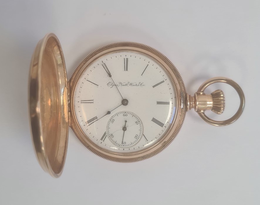 14k Gold-coloured full hunter pocket watch, the enamel dial inscribed 'Elgin National Watch